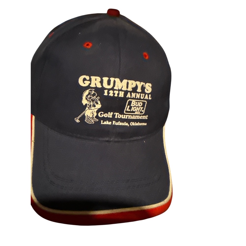 Grumpy's 12th Annual Bud Light Golf Tournament Hat Navy Blue Red Adjustable Cap